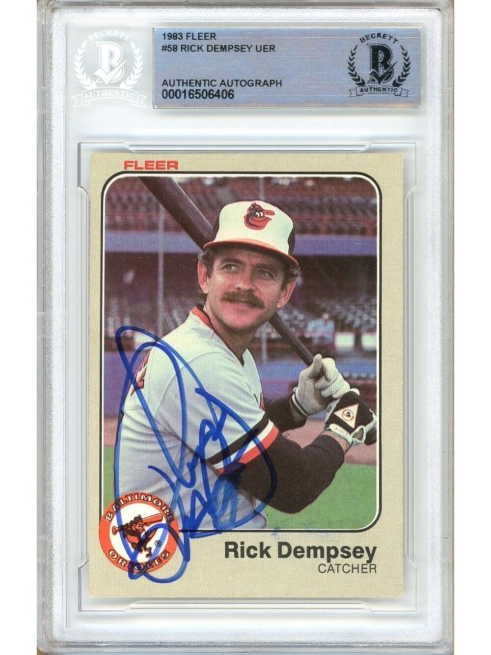 Rick Dempsey Signed 1983 Fleer #58 Baltimore Orioles Beckett BAS Slab MLB Auto